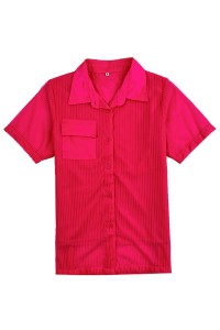 製造粉紅色短袖套裝時裝款式   個人設計間條紋右前胸袋口  時裝款式中心  FA376